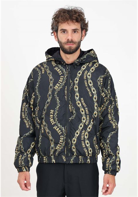 Black reversible men's down jacket with all-over Chain Couture print on one side and V-Emblem logo on the other VERSACE JEANS COUTURE | 77GAUD17CQD56G89